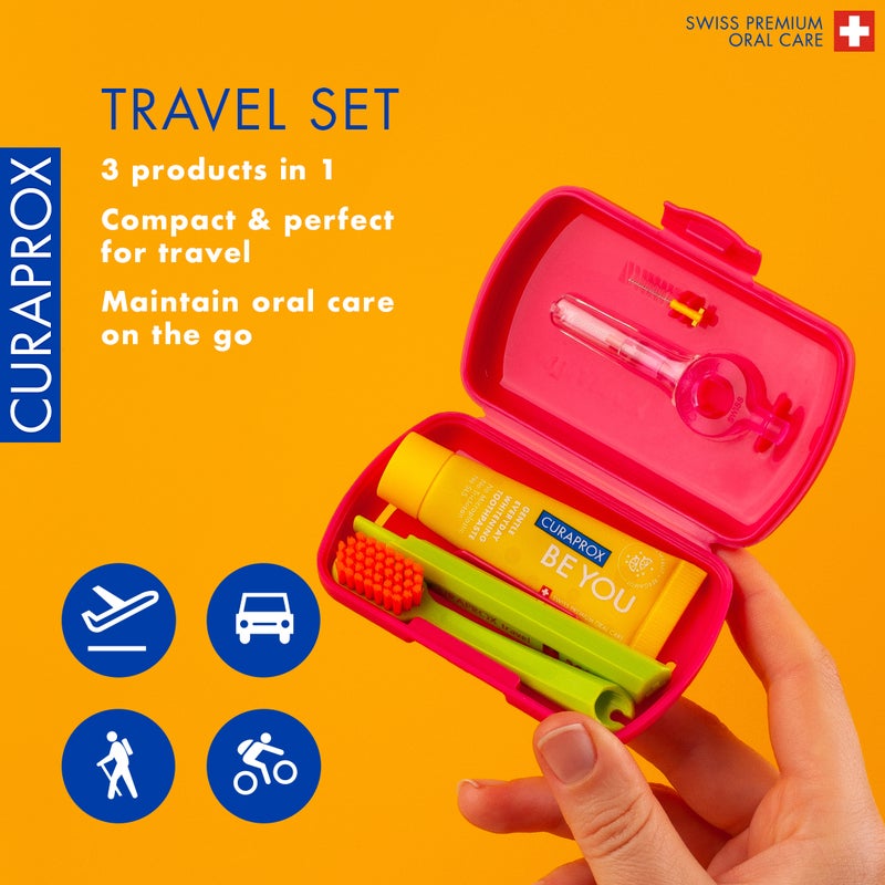 CURAPROX Travel Set Magenta I Includes CS 5460 Travel Toothbrush, 10ml Be You Toothpaste, CPS Prime 07 & 09 Interdental Brushes I Compact Oral Care Kit for On-the-Go - Image 3